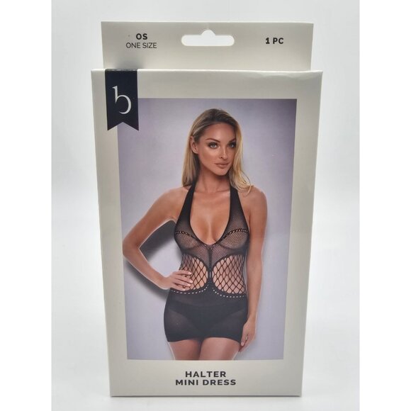 Baci Lingerie Women's One Size 2-14 Black Sheer Mesh Halter Mini Dress - Picture 2 of 7